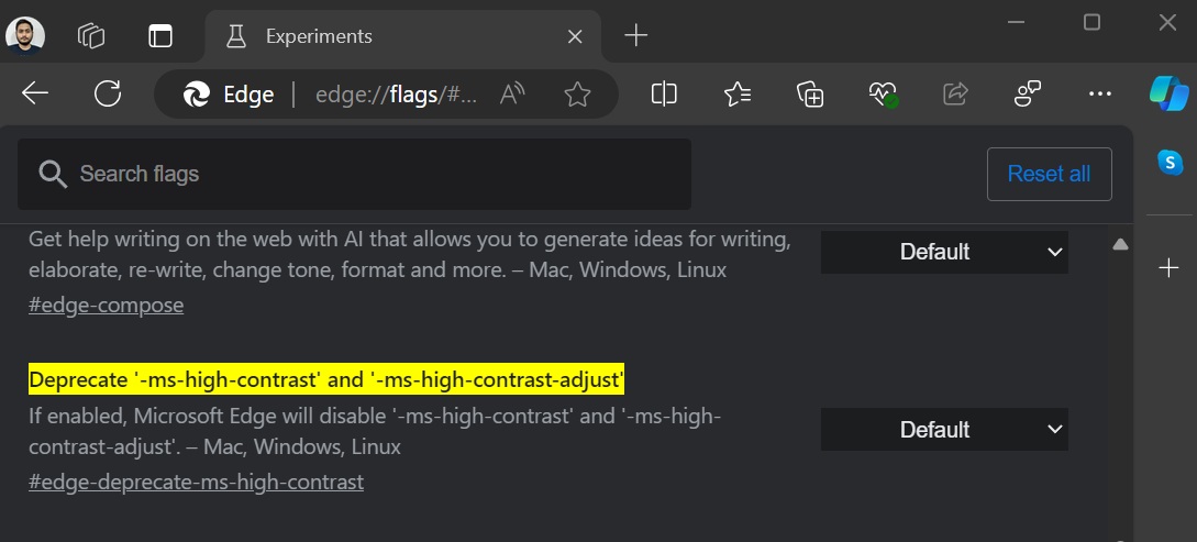 enabling Forced Colors flag in Edge